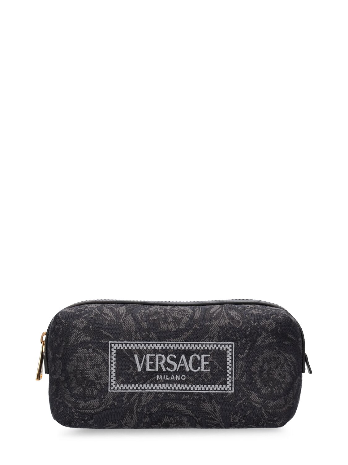 Versace Embroidered-logo Jacquard Toiletry Bag In Schwarz