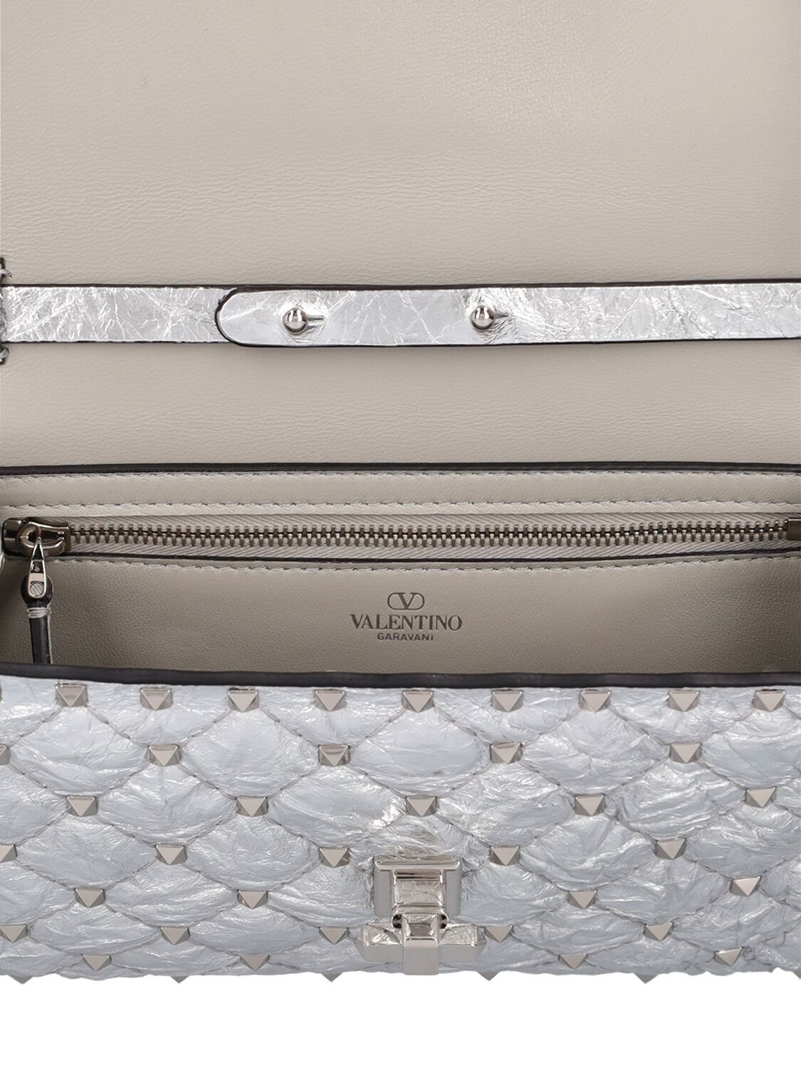 Shop Valentino Rockstud Spike Laminated Shoulder Bag In Silver,palladium