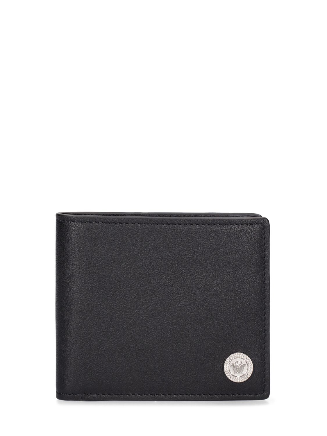 Versace Leather Logo Bifold Wallet In Black,silver