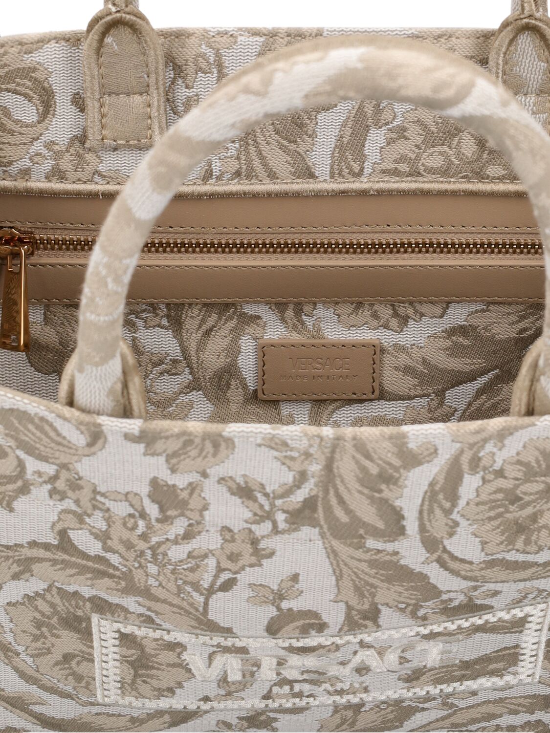Shop Versace Small Barocco Jacquard Tote Bag In Beige