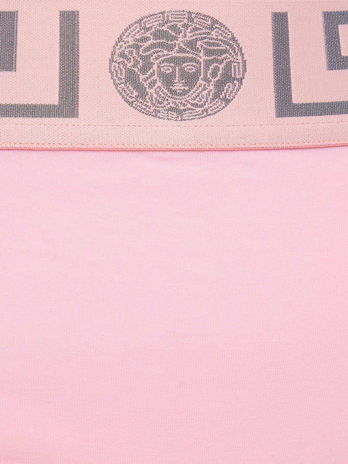 Shop Versace Greca Stretch Jersey High Rise Briefs In Pink