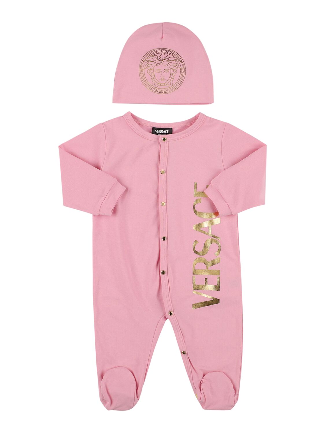 Versace Babies' 棉质平纹针织连体衣&帽子 In Pink