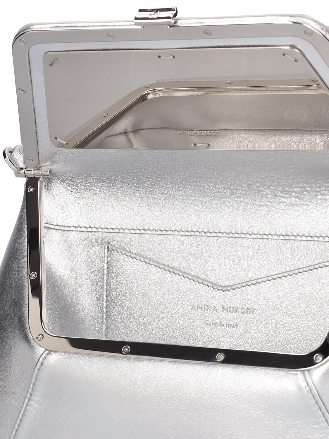 Shop Amina Muaddi Ami Metallic Nappa Leather Shoulder Bag In Silber