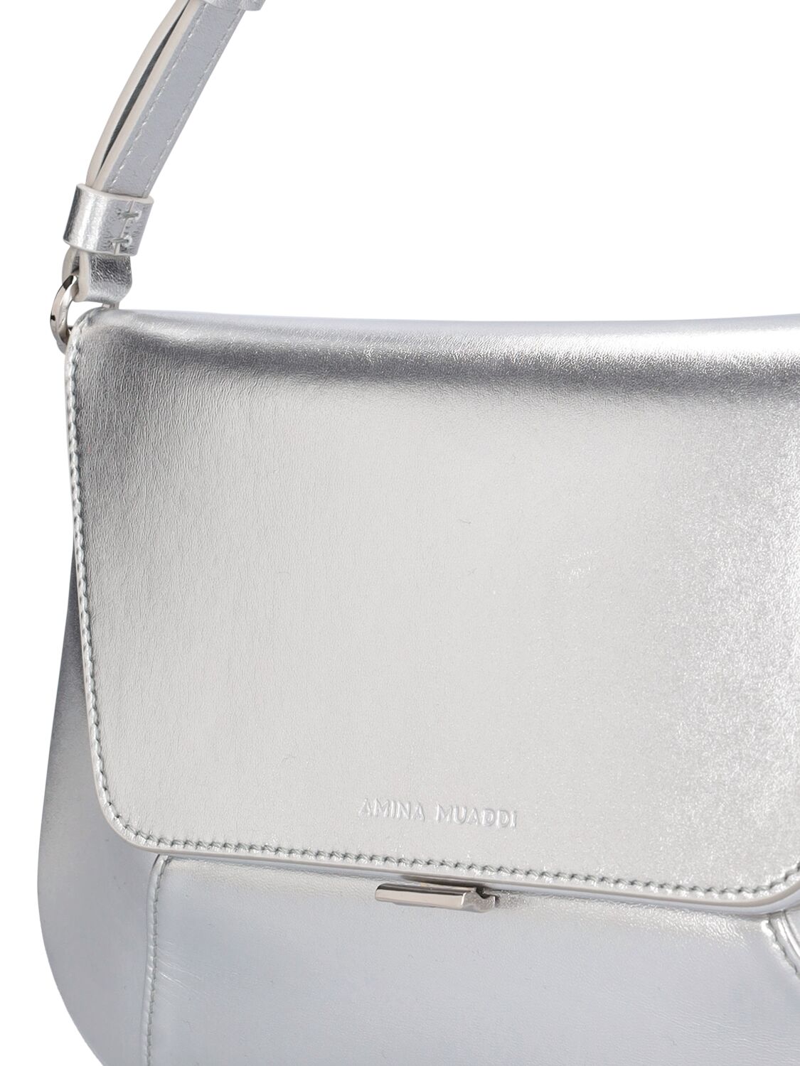 Shop Amina Muaddi Ami Metallic Nappa Leather Shoulder Bag In Silber