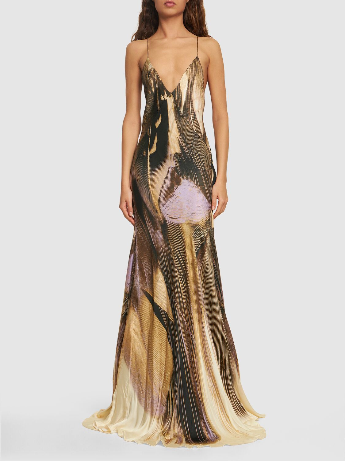 Shop Roberto Cavalli Printed Viscose Satin Long Dress In 멀티 브라운
