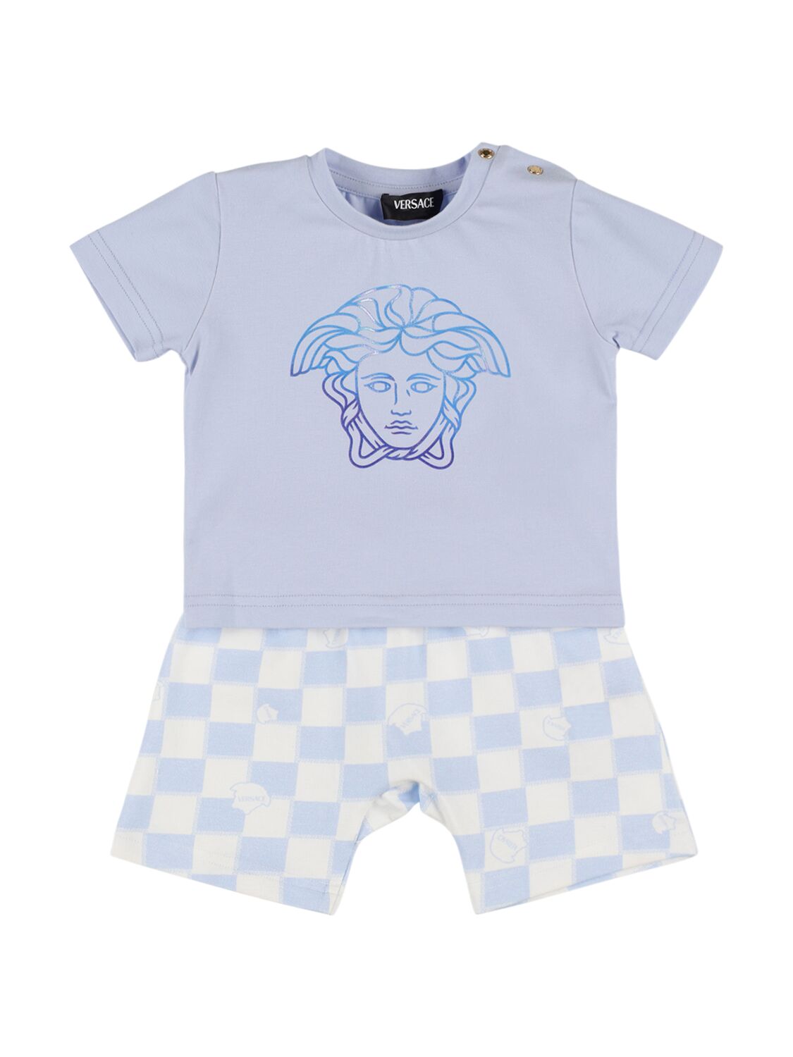 Versace Babies' Cotton Jersey T-shirt & Shorts In White,light Blue