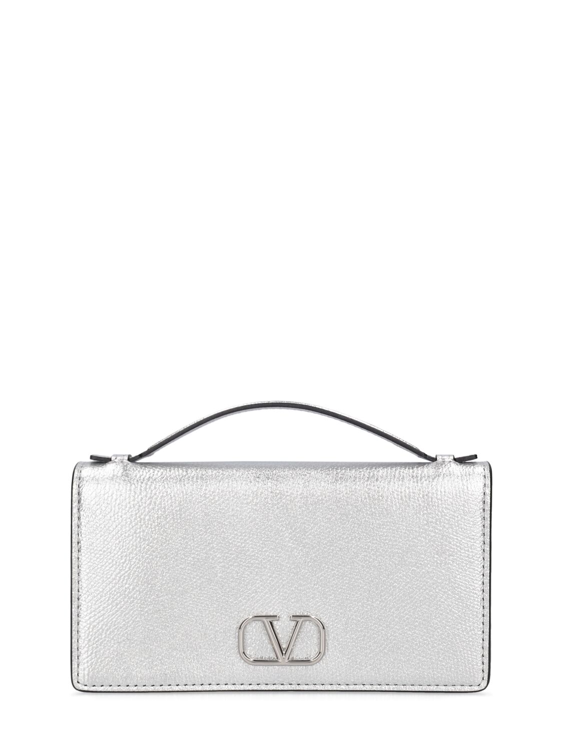 Valentino Garavani V Logo Signature Leather Wallet On Chain In Silber