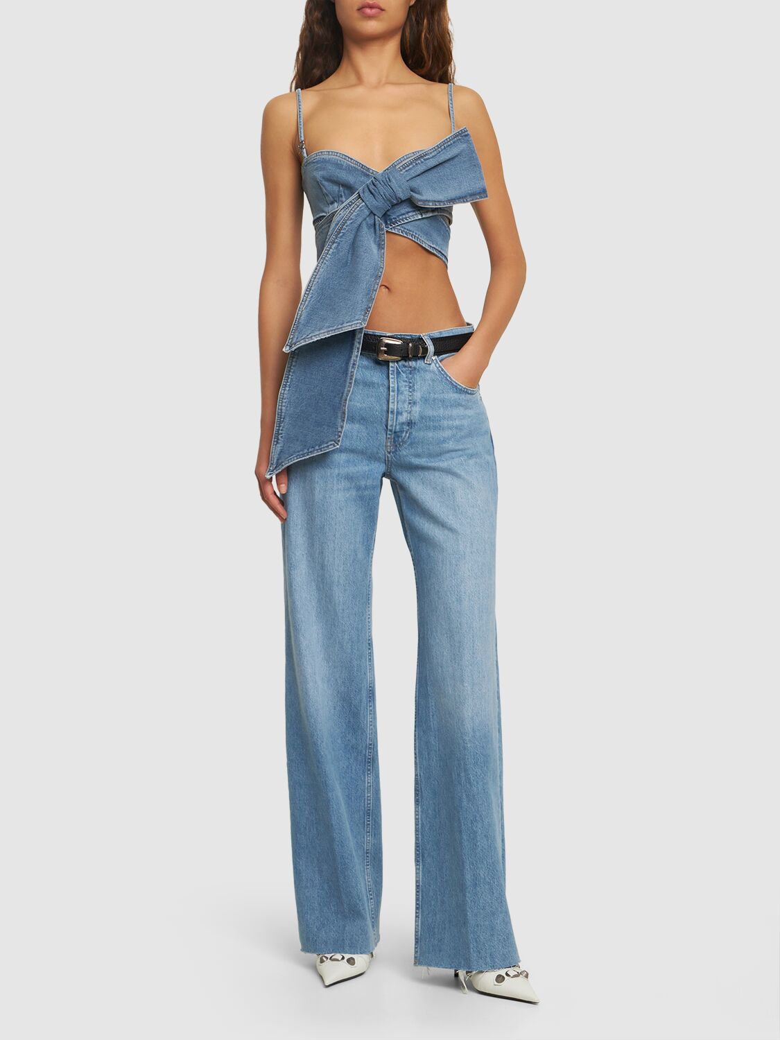 Denim Sleeveless Crop Top W/bow