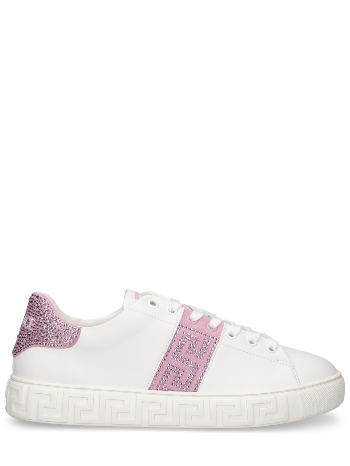 Versace Faux Leather & Crystals Low Top Sneakers In White,pink