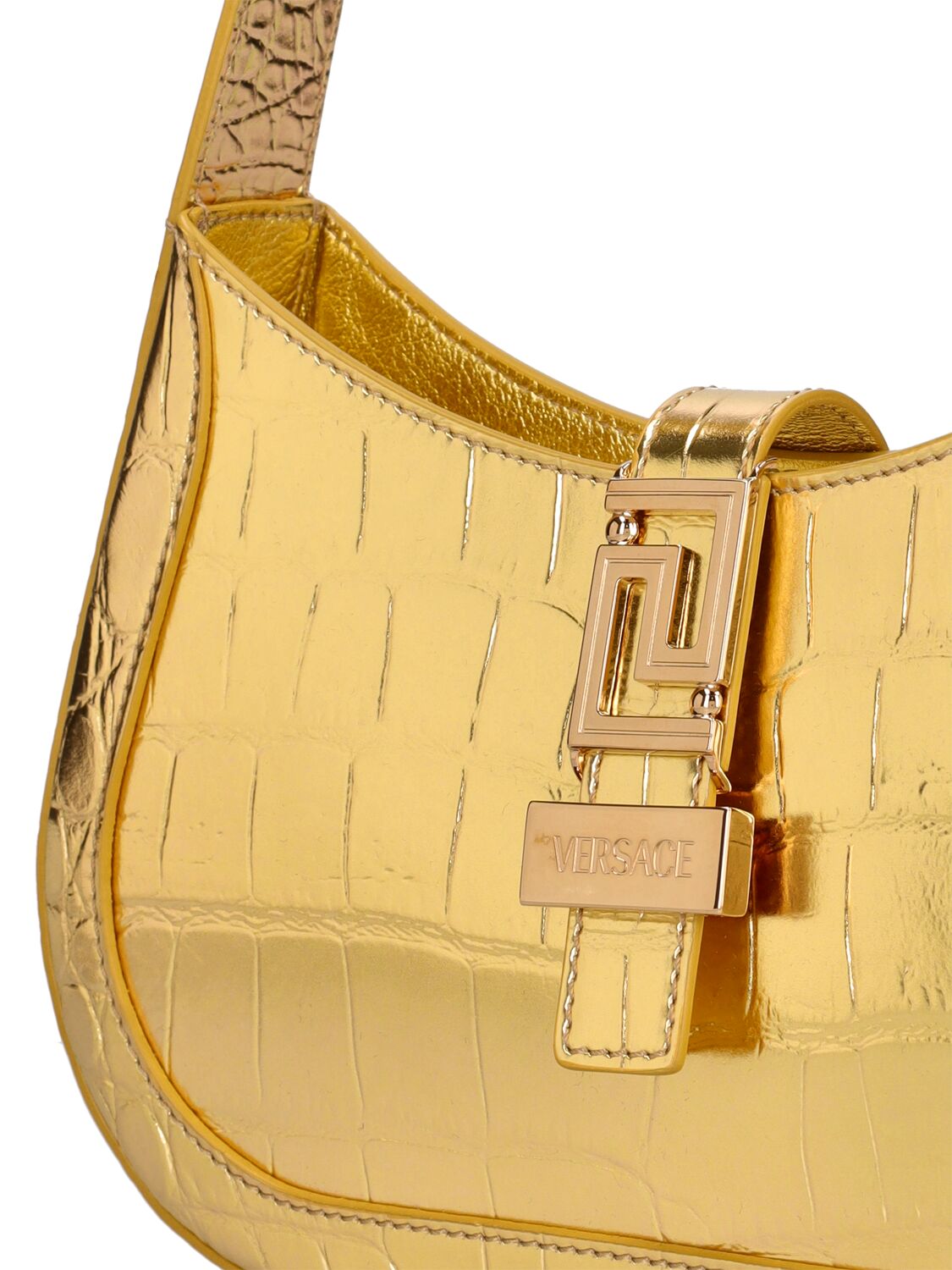 Shop Versace Small Embossed Leather Hobo Bag In Gold