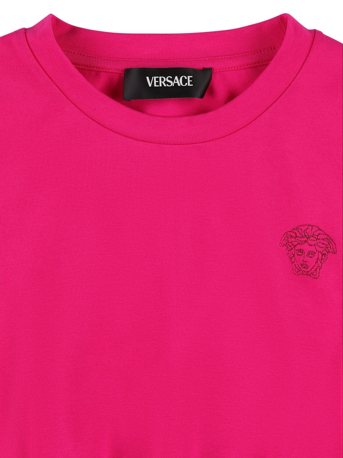 Shop Versace Embroidered Cotton Jersey T-shirt In Fuchsia
