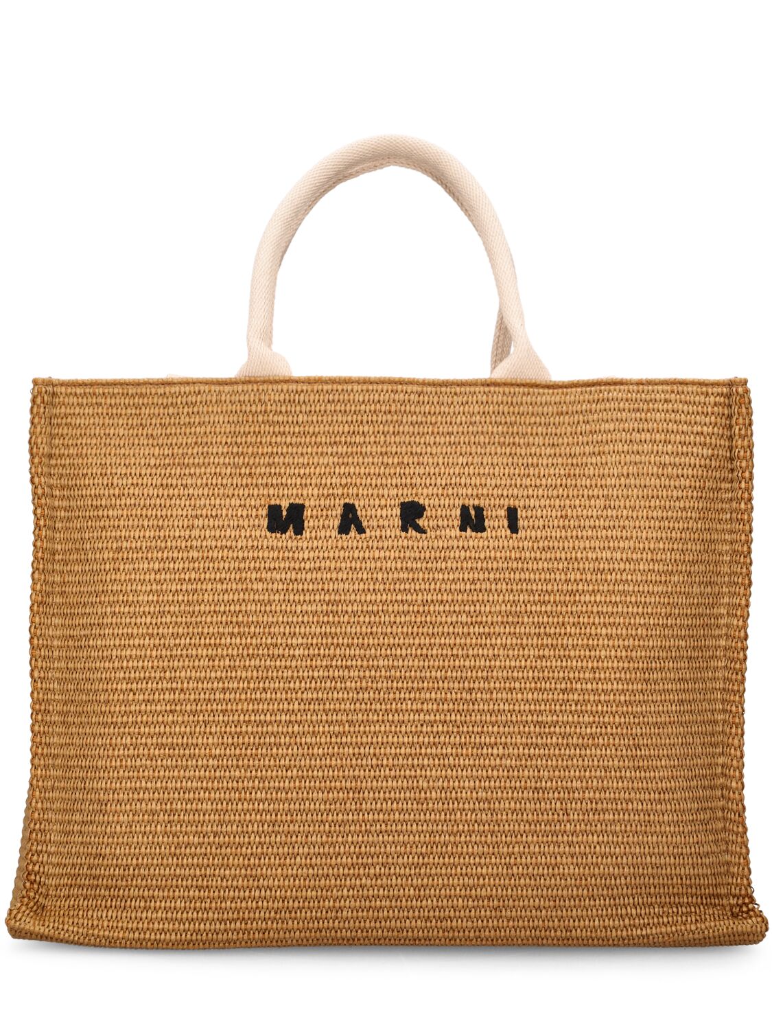 Shop Marni Medium Logo Raffia Effect Tote Bag In Beige