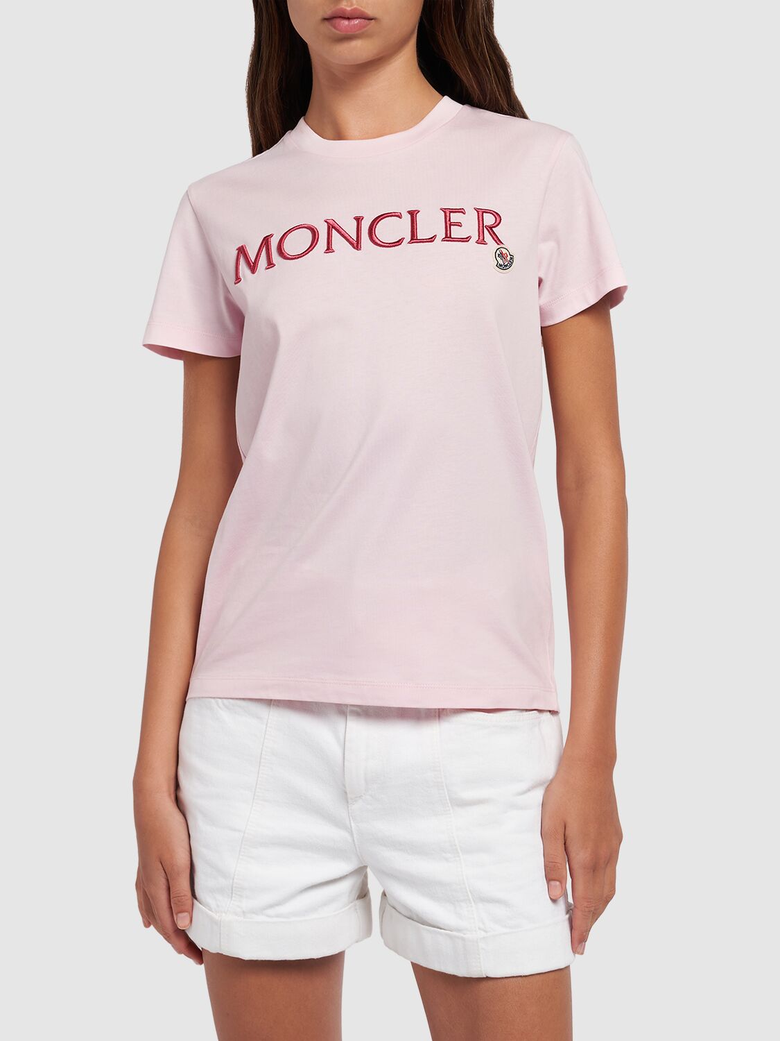 Shop Moncler Embroidered Organic Cotton Logo T-shirt In Rose