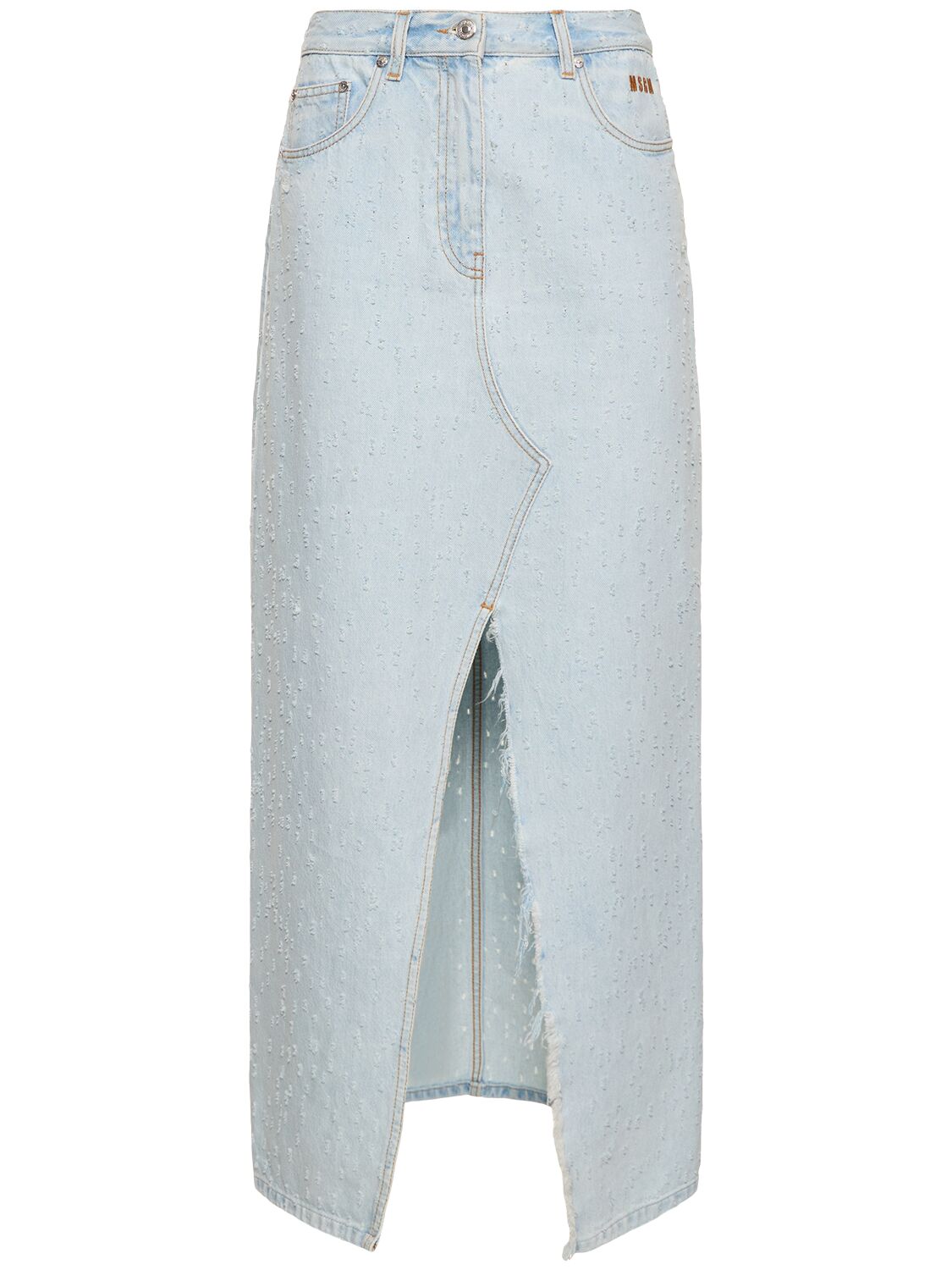 Shop Msgm Cotton Denim Midi Skirt In Light Blue