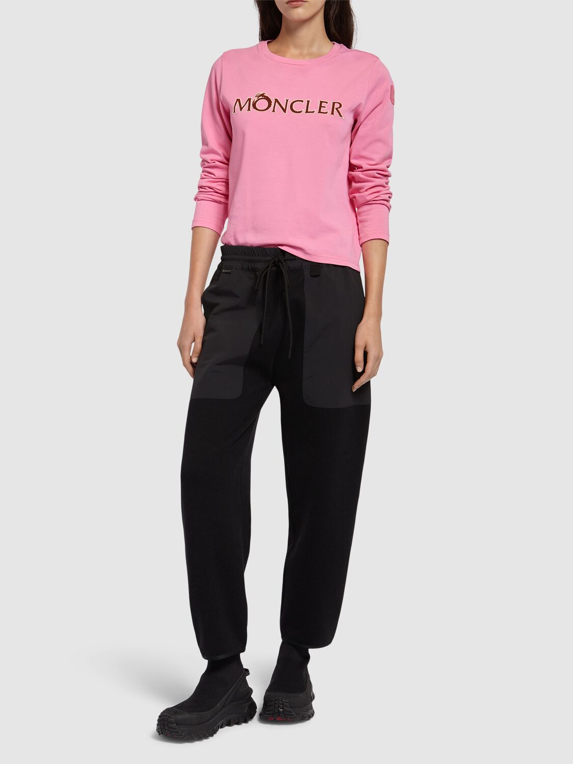 Shop Moncler Cny Logo Cotton Long Sleeve T-shirt In Pink