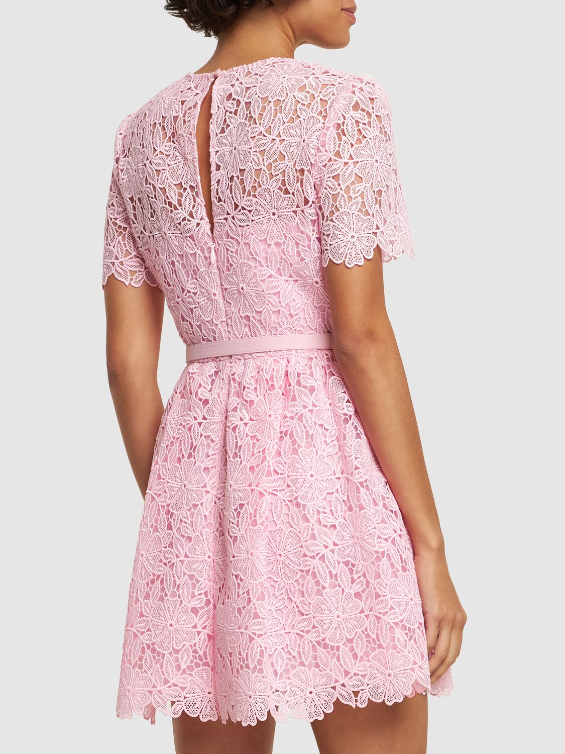 Shop Self-portrait Short Sleeve Lace Mini Dress In Pink