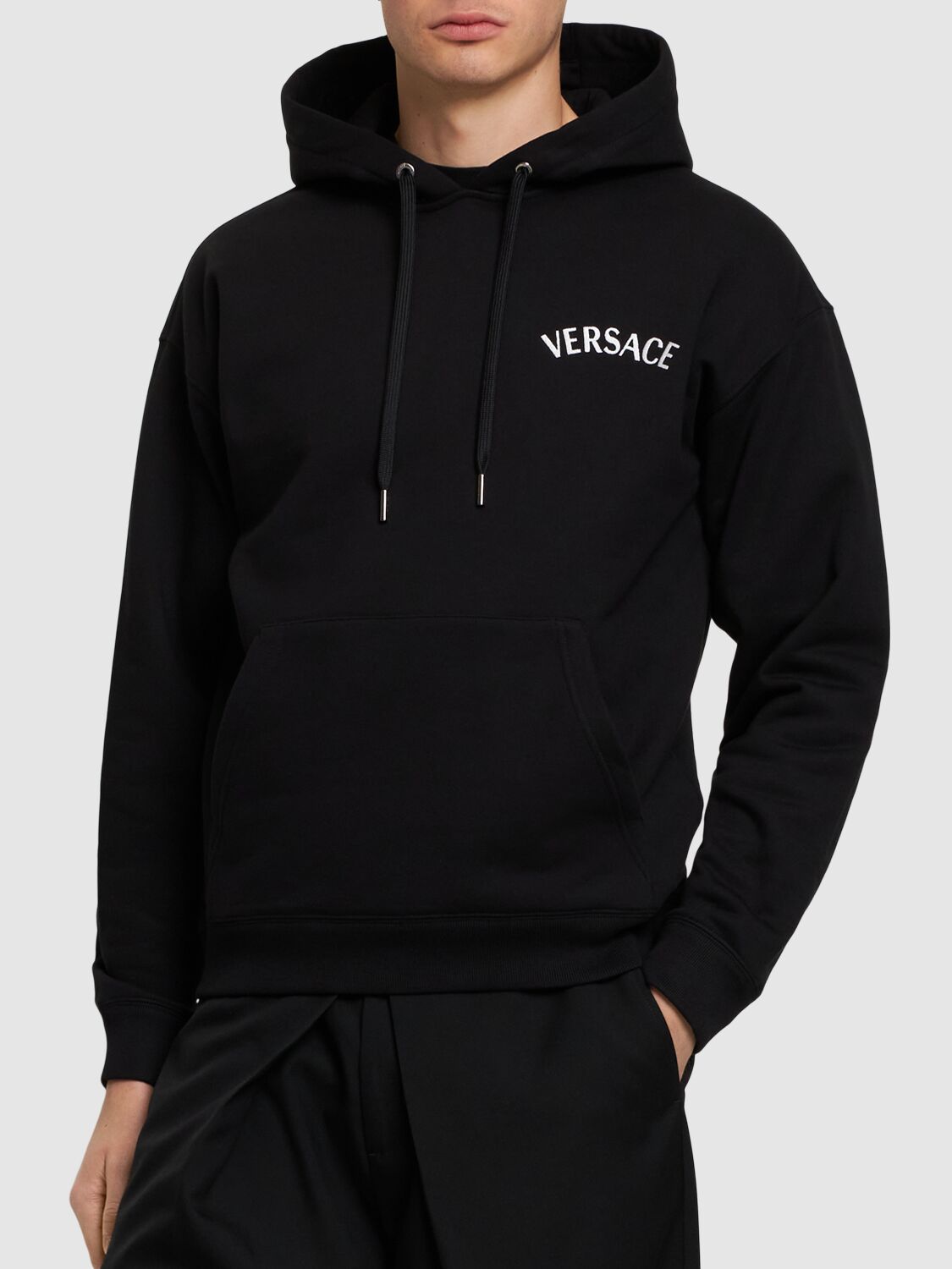 Shop Versace Logo Cotton Hoodie In Black