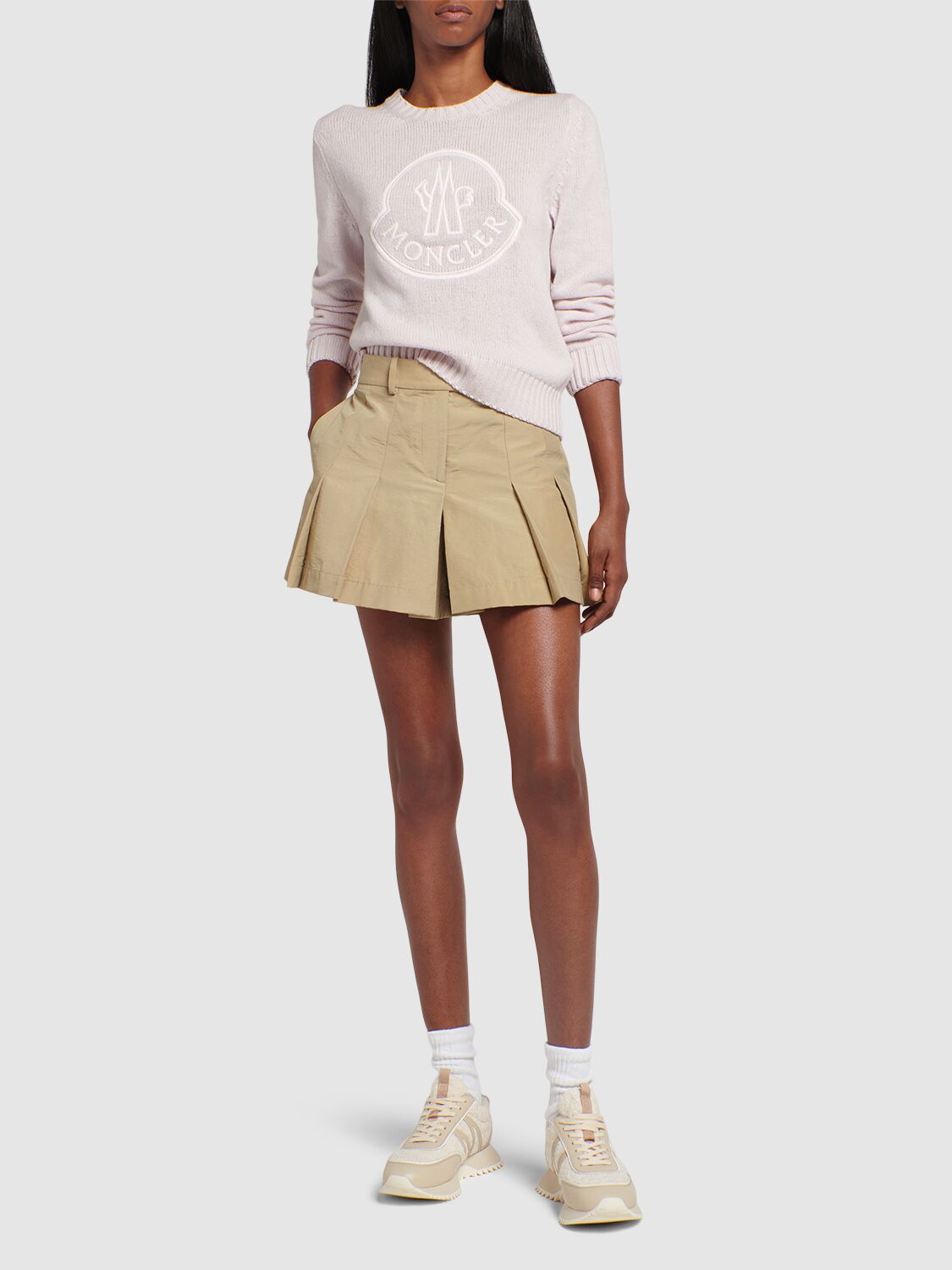 Shop Moncler Embroidered Logo Wool Blend Sweater In Rose