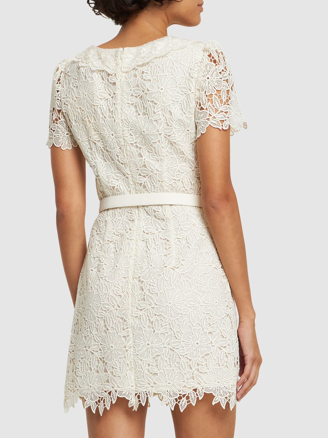 Shop Self-portrait Short Sleeve Lace Mini Dress In White
