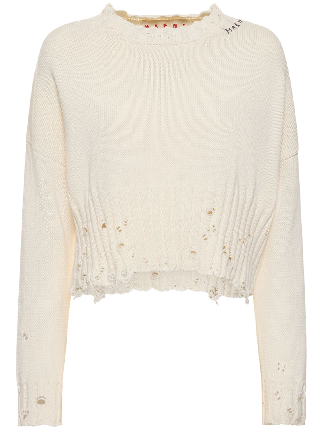 Marni Distressed Ribbed-knit Cotton Jumper In White