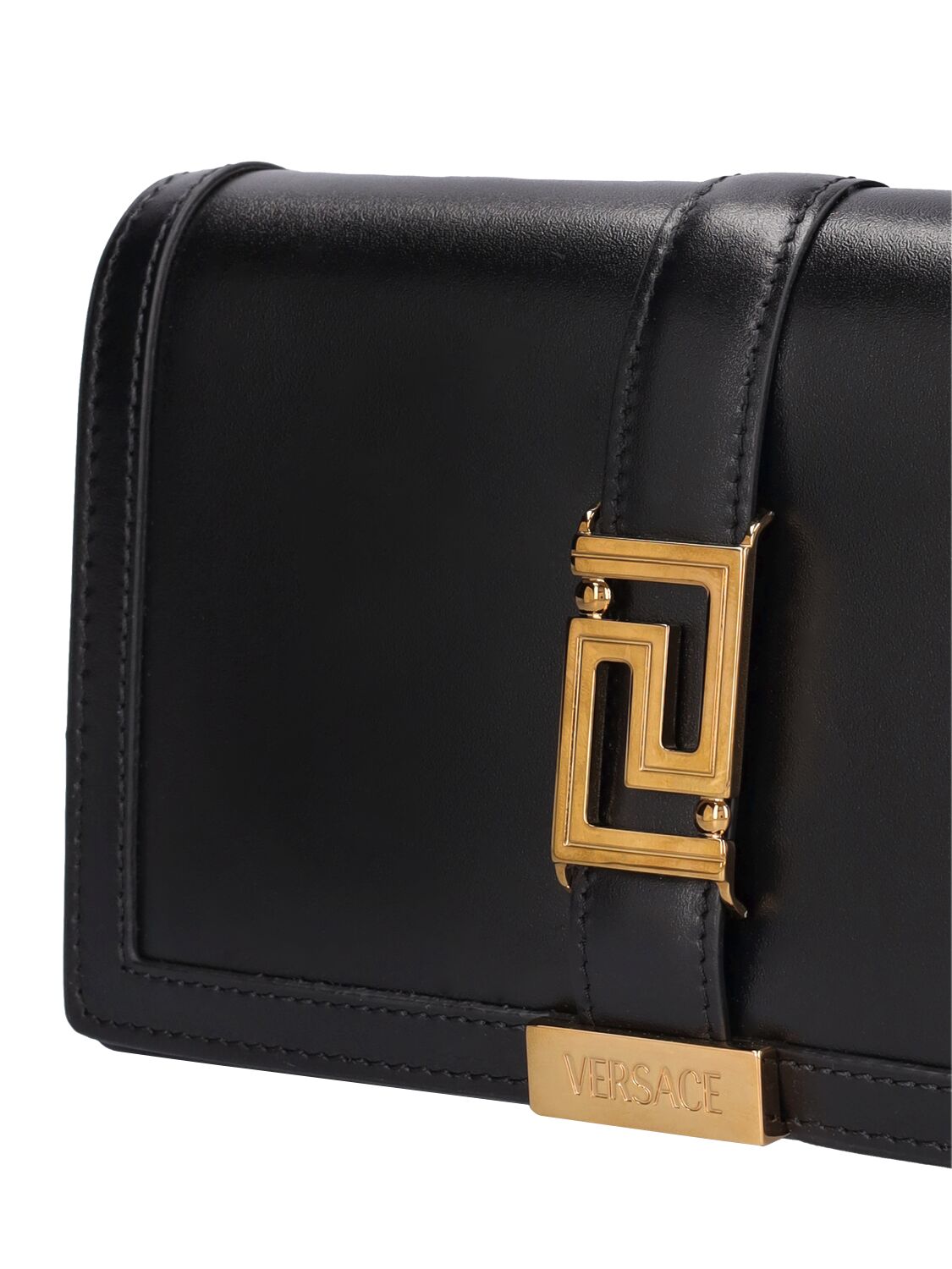 Shop Versace Greca Goddess Leather Chain Wallet In Black