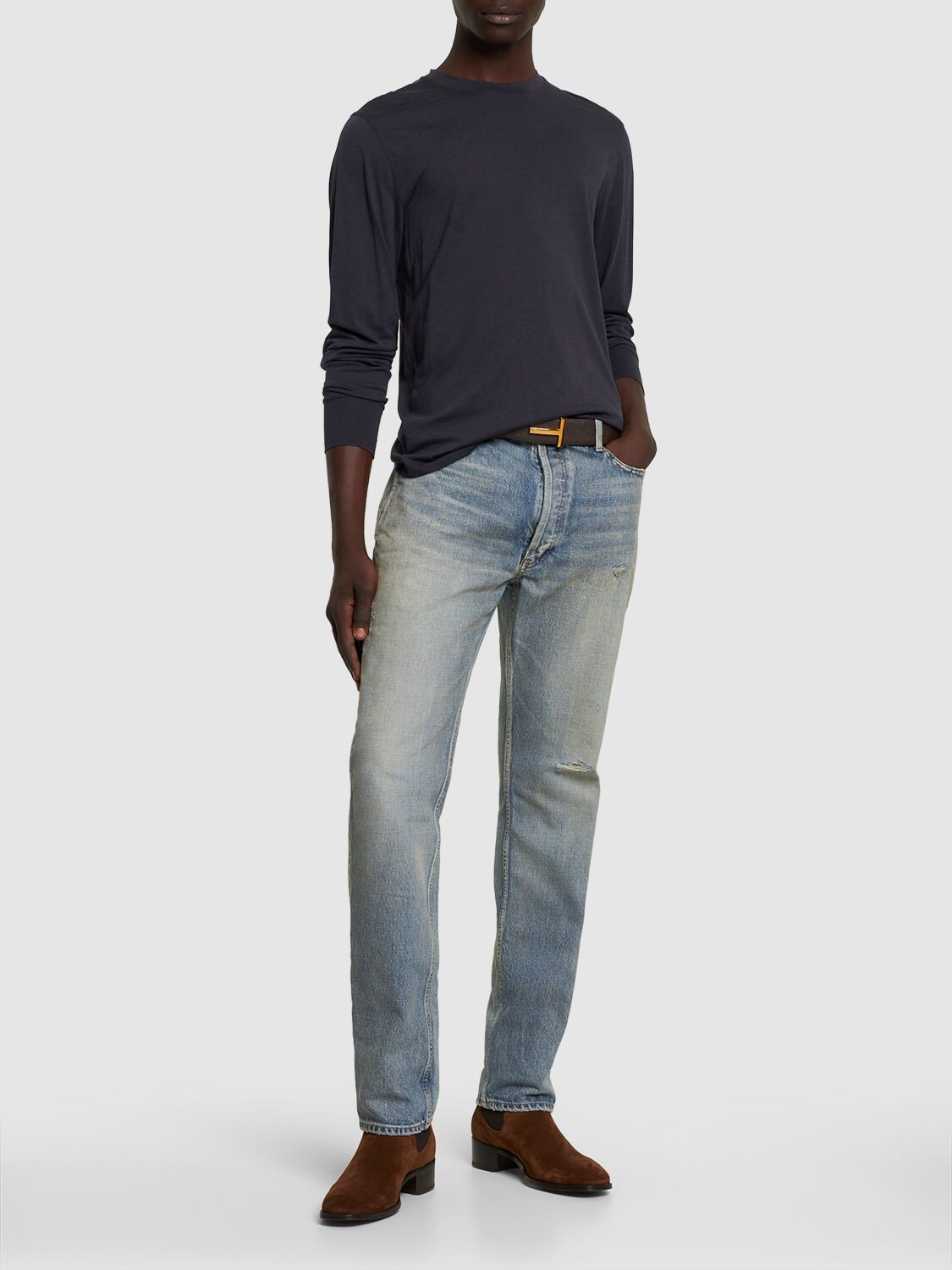 Shop Tom Ford Lyocell & Cotton Crewneck T-shirt In Dark Blue