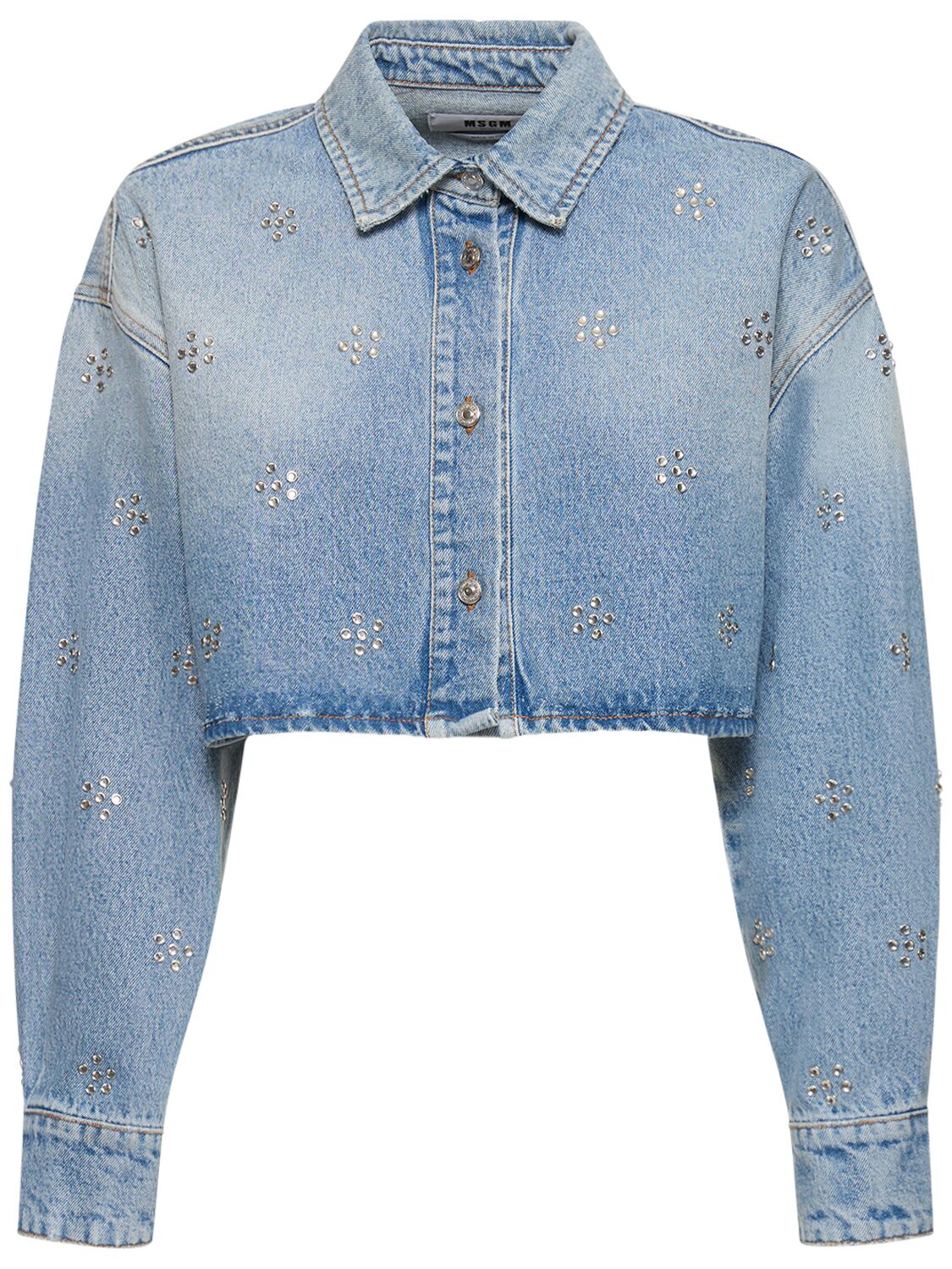 Shop Msgm Cotton Denim Crop Shirt In Light Blue