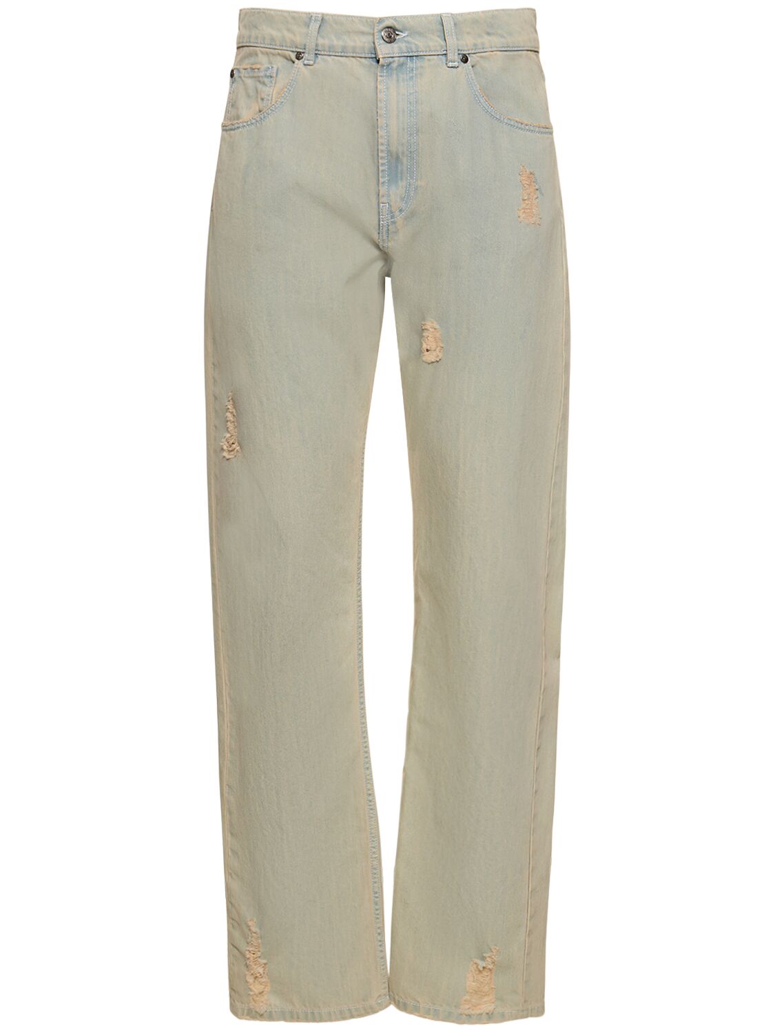 Msgm Distressed Cotton Denim Straight Jeans In Light Blue