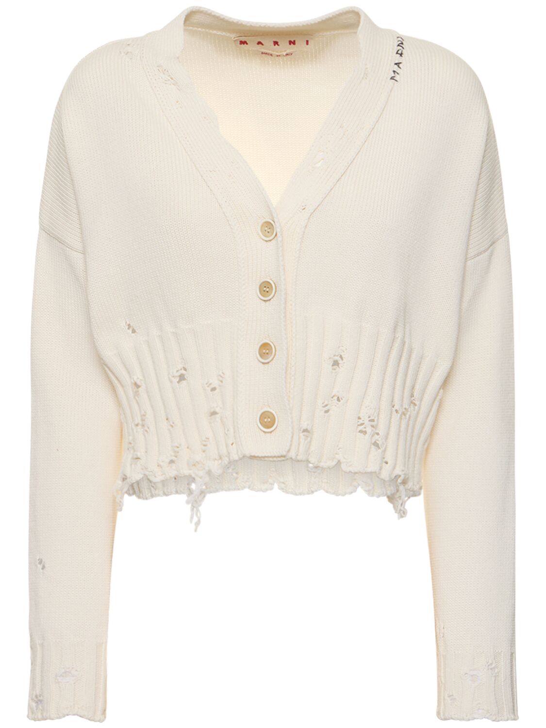 Marni Distressed Cotton Knit Crop Cardigan In Ivory