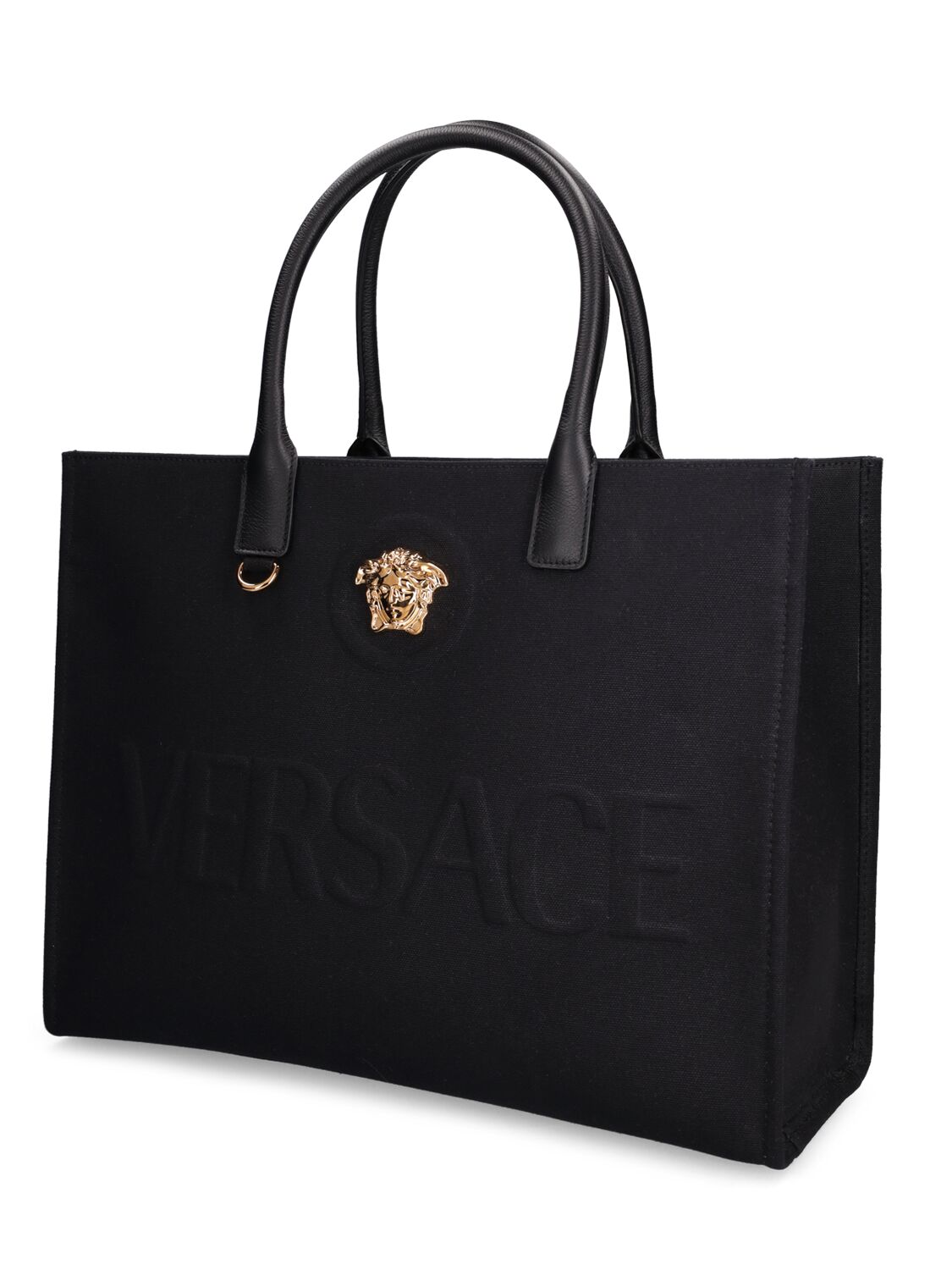 Shop Versace Logo Canvas Tote Bag In Black,gold