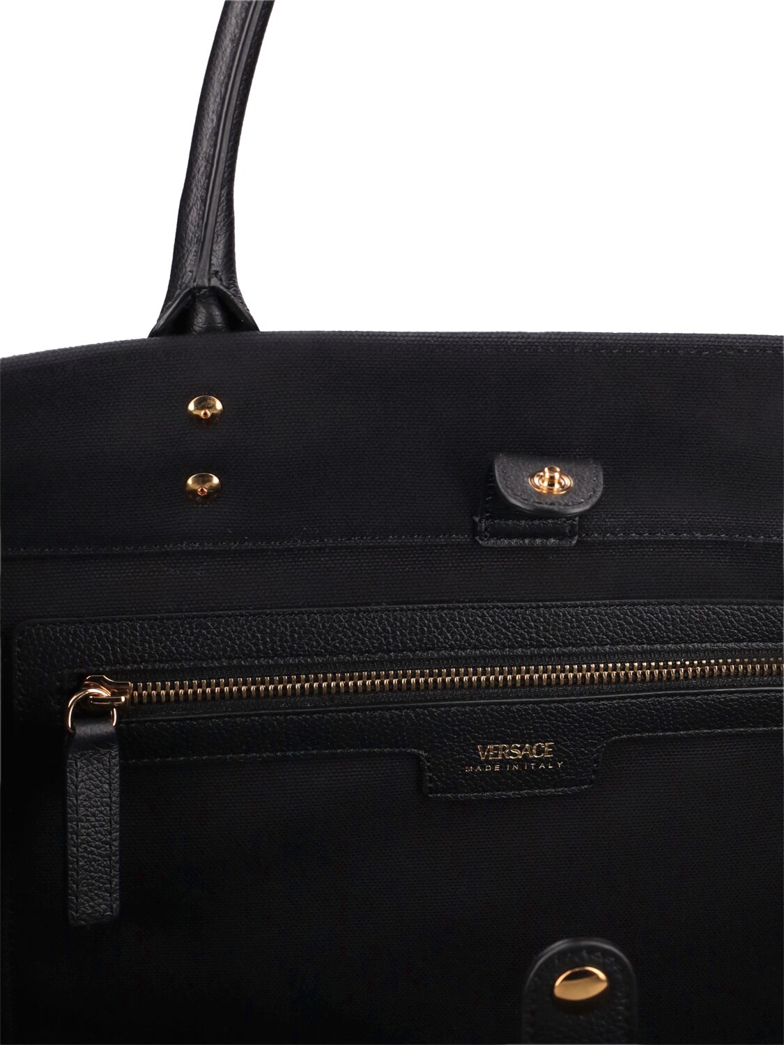 Shop Versace Logo Canvas Tote Bag In Black,gold