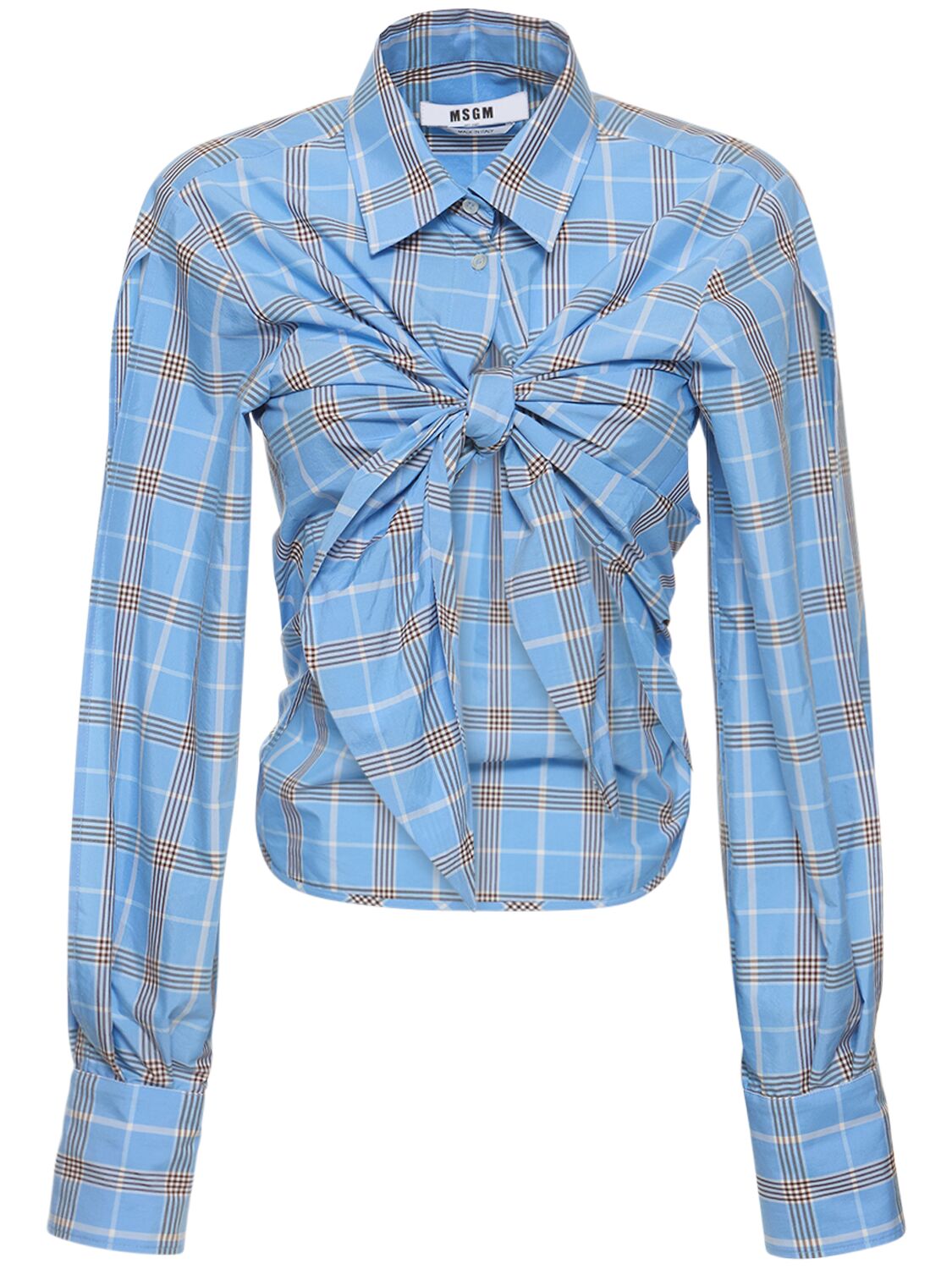 Msgm Cotton Blend Tartan Crop Shirt In 라이트 블루