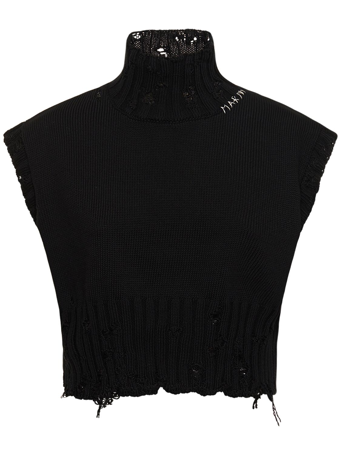 Marni Distressed Ribbed Cotton Turtleneck Vest In Black