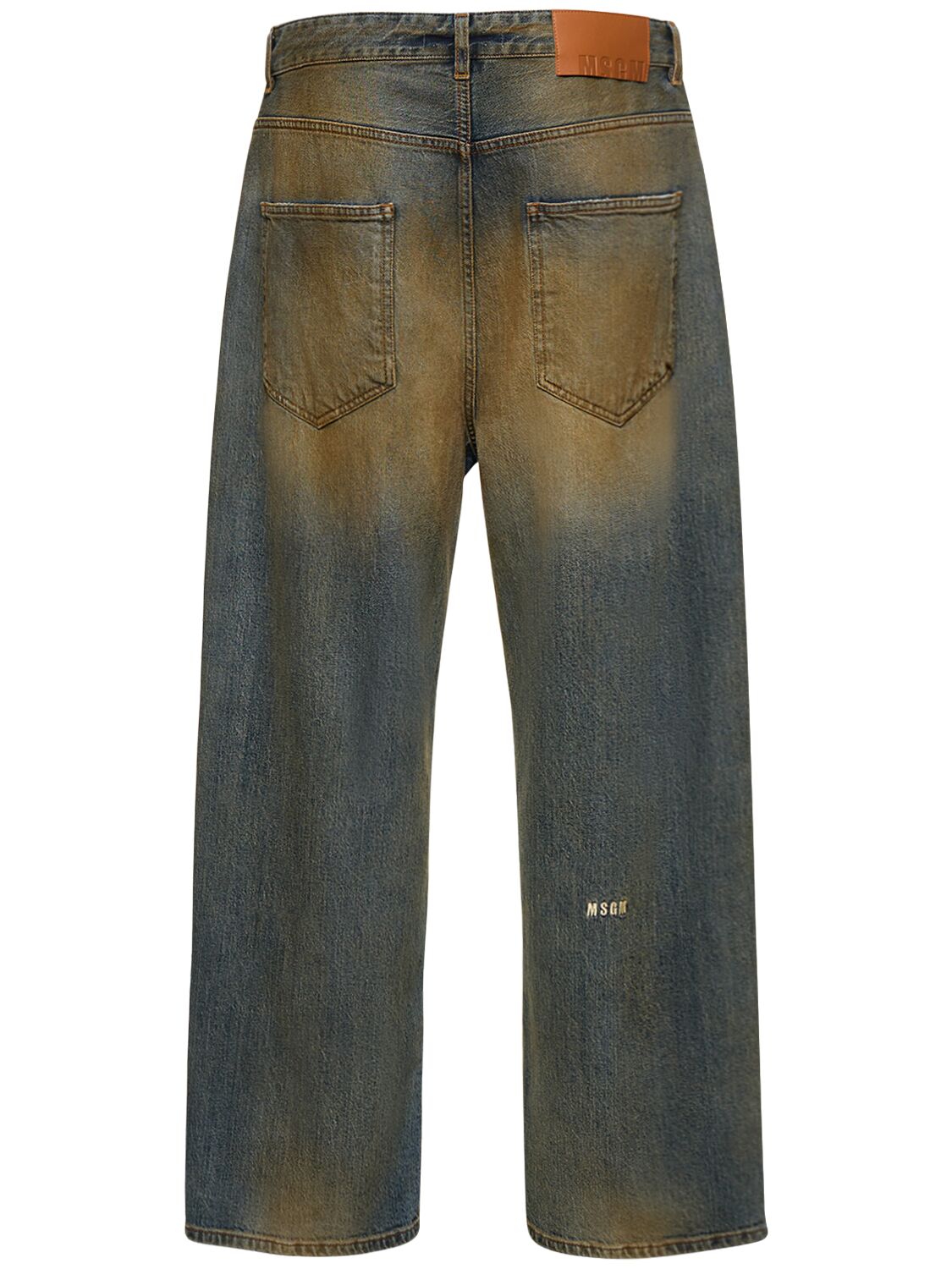 Shop Msgm Distressed Cotton Denim Straight Jeans In Blue