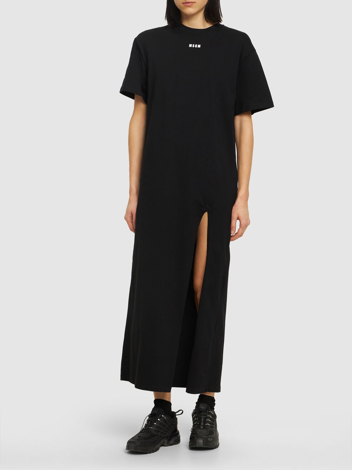 Shop Msgm Cotton T-shirt Midi Dress In Black