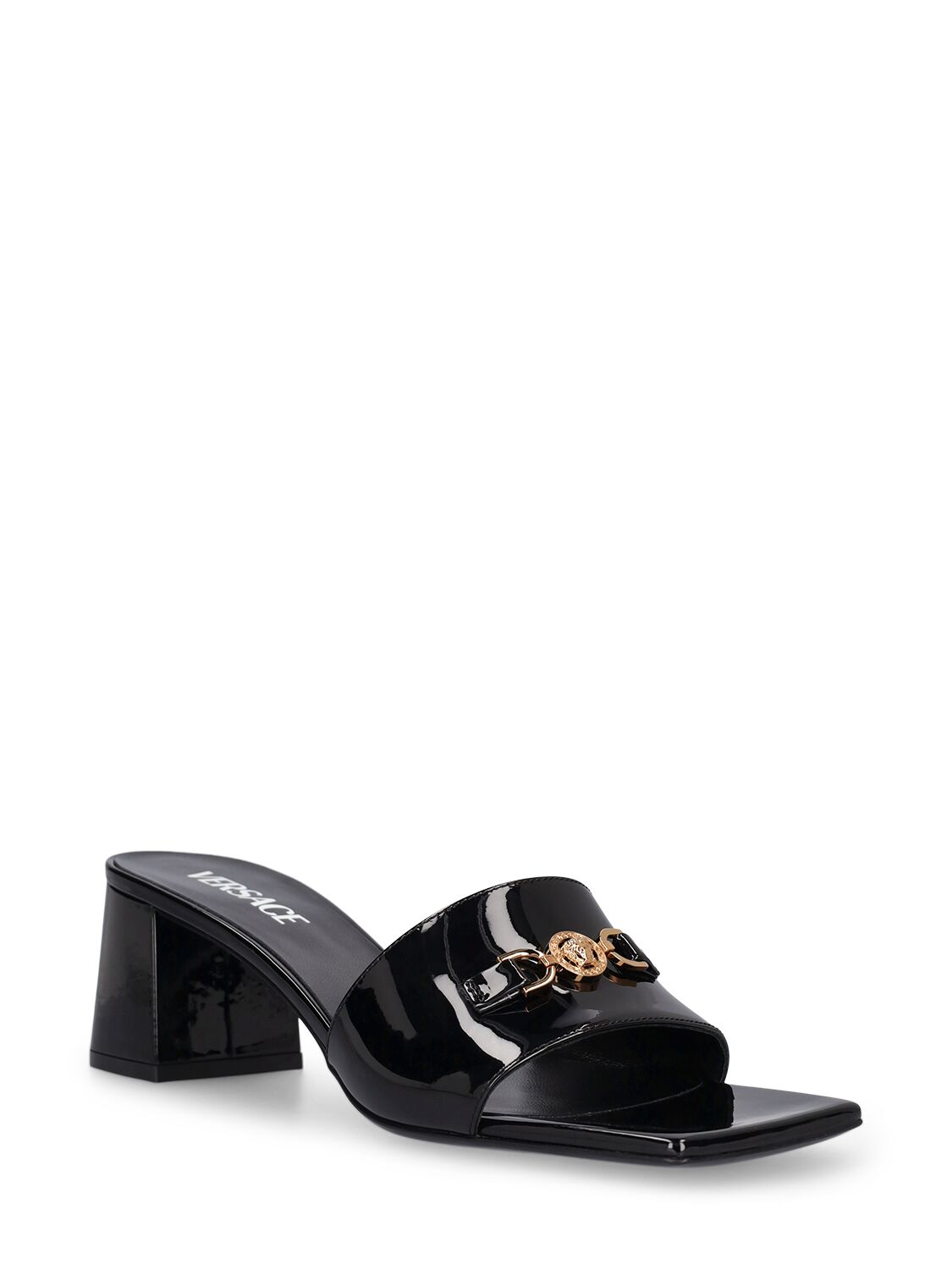 Shop Versace 55mm Patent Leather Mules In Black