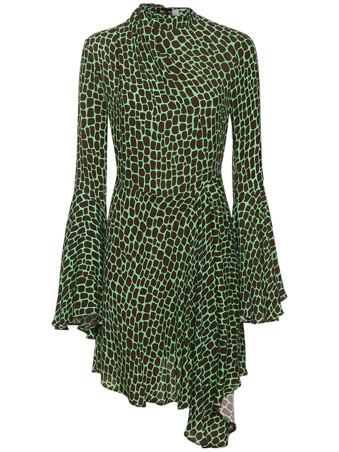 Msgm Printed Viscose Mini Dress In Green,multi