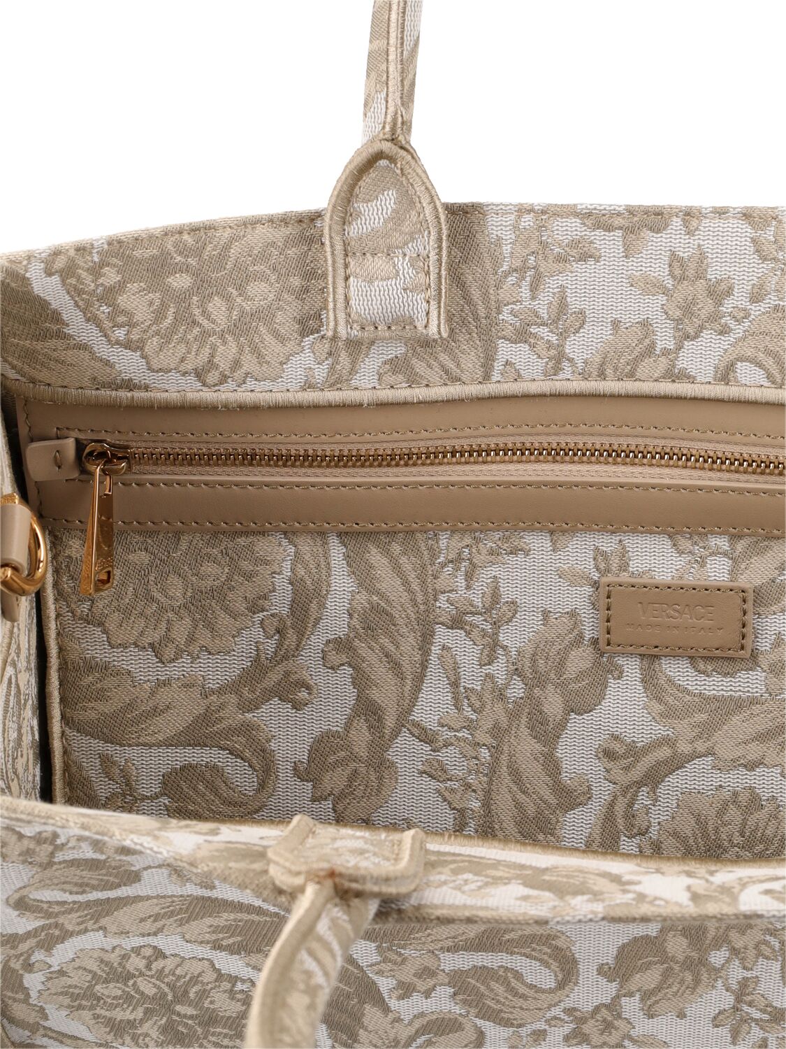 Shop Versace Large Tech Jacquard Tote Bag In Beige