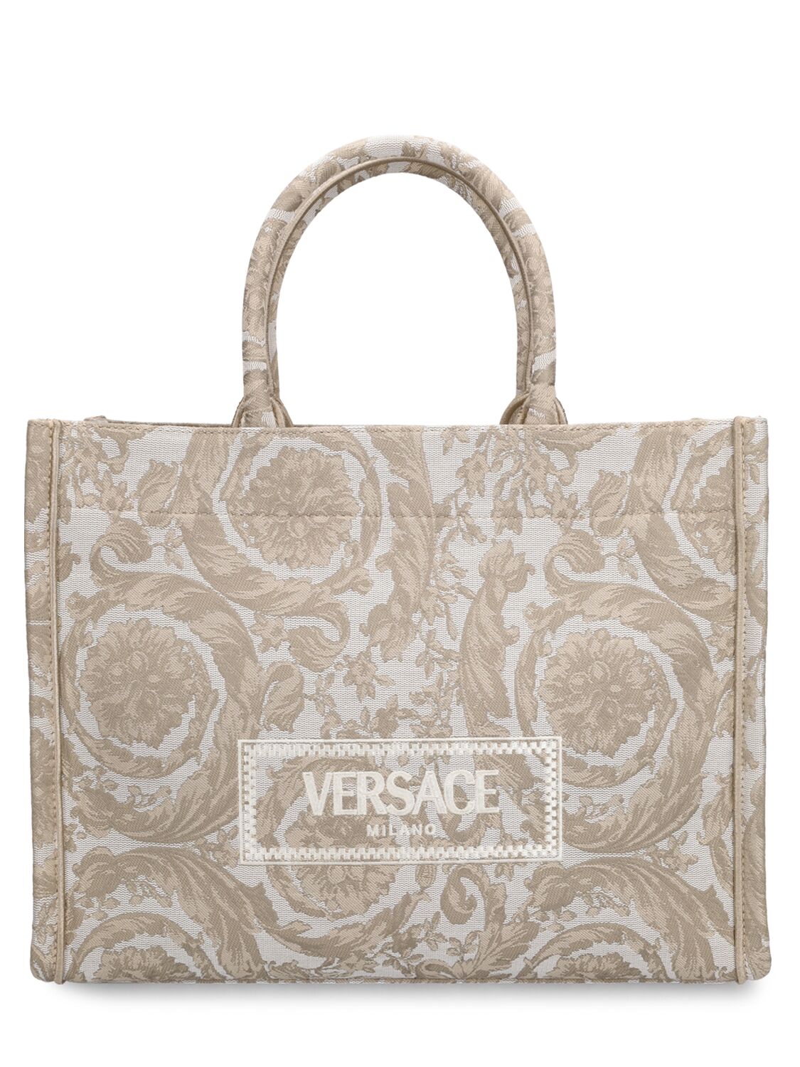 Versace Large Tech Jacquard Tote Bag In Beige