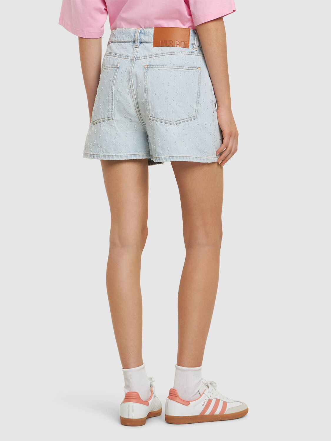 Shop Msgm Cotton Denim Shorts In Light Blue