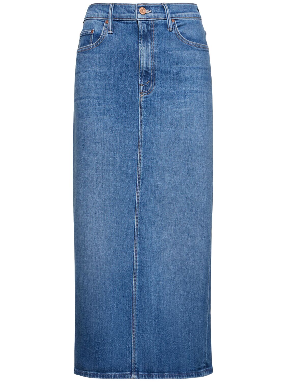 Shop Mother The Pusher Denim Midi Pencil Skirt In Blue