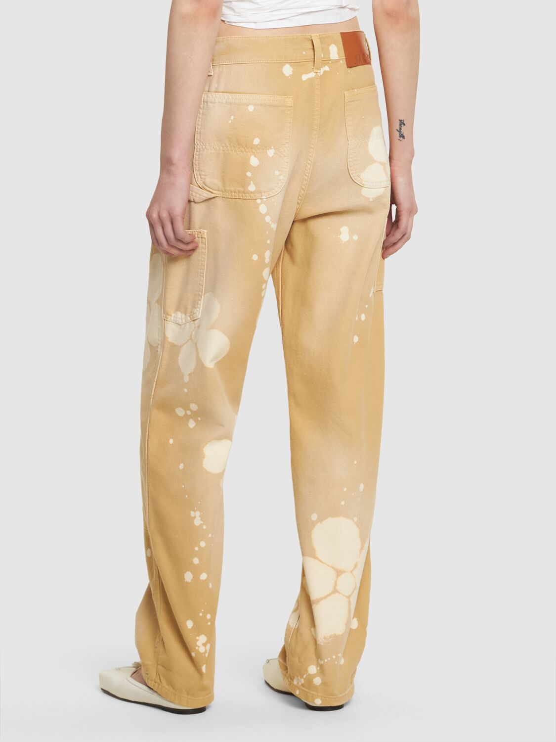 Shop Msgm Printed Cotton Jeans In Beige