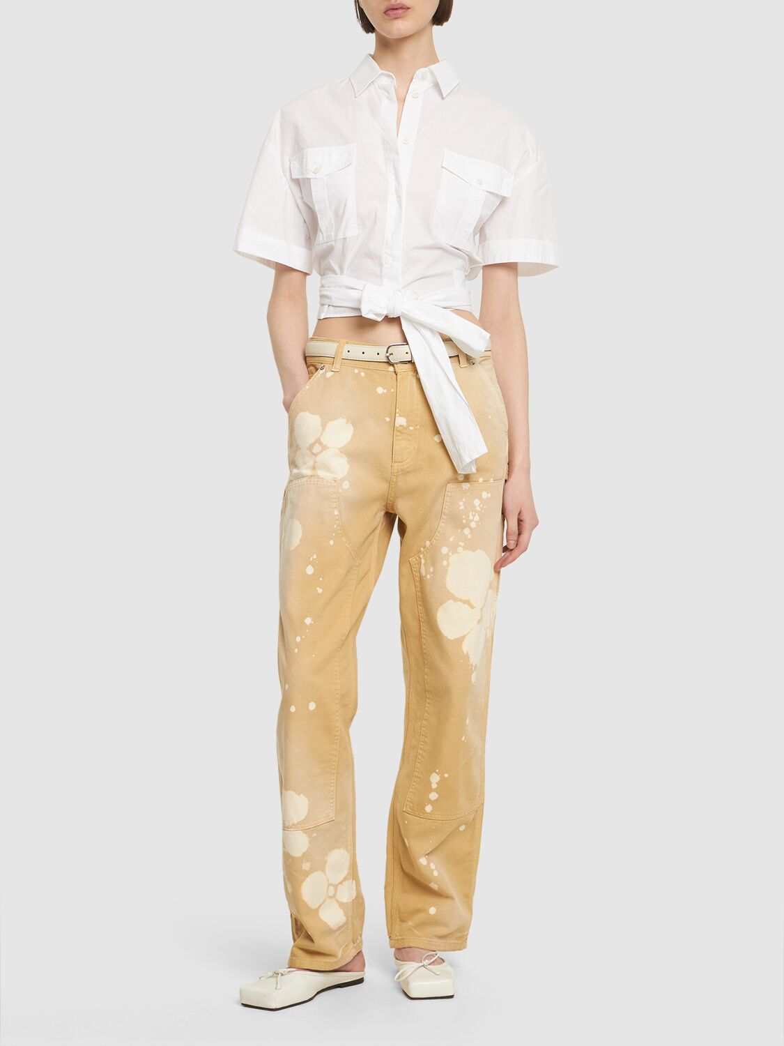 Shop Msgm Printed Cotton Jeans In Beige