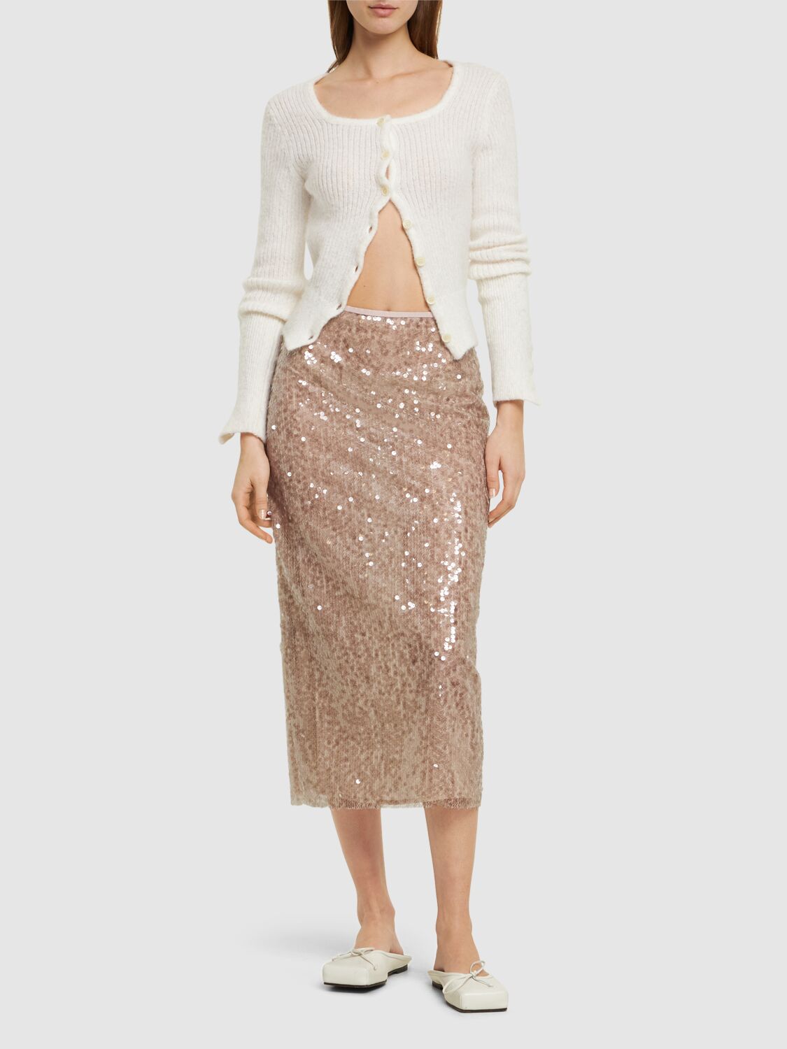 Shop Msgm Sequined Midi Skirt In Light Grey