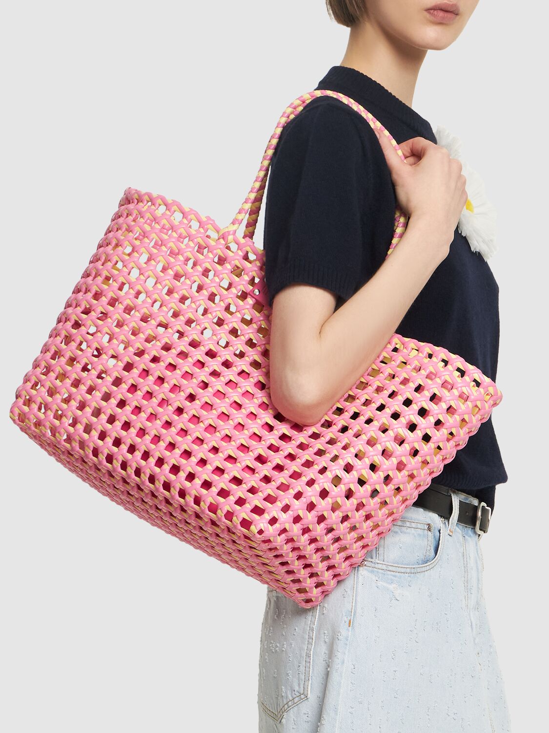 Shop Msgm Lrge Waved Bucket Bag In Pink,yellow