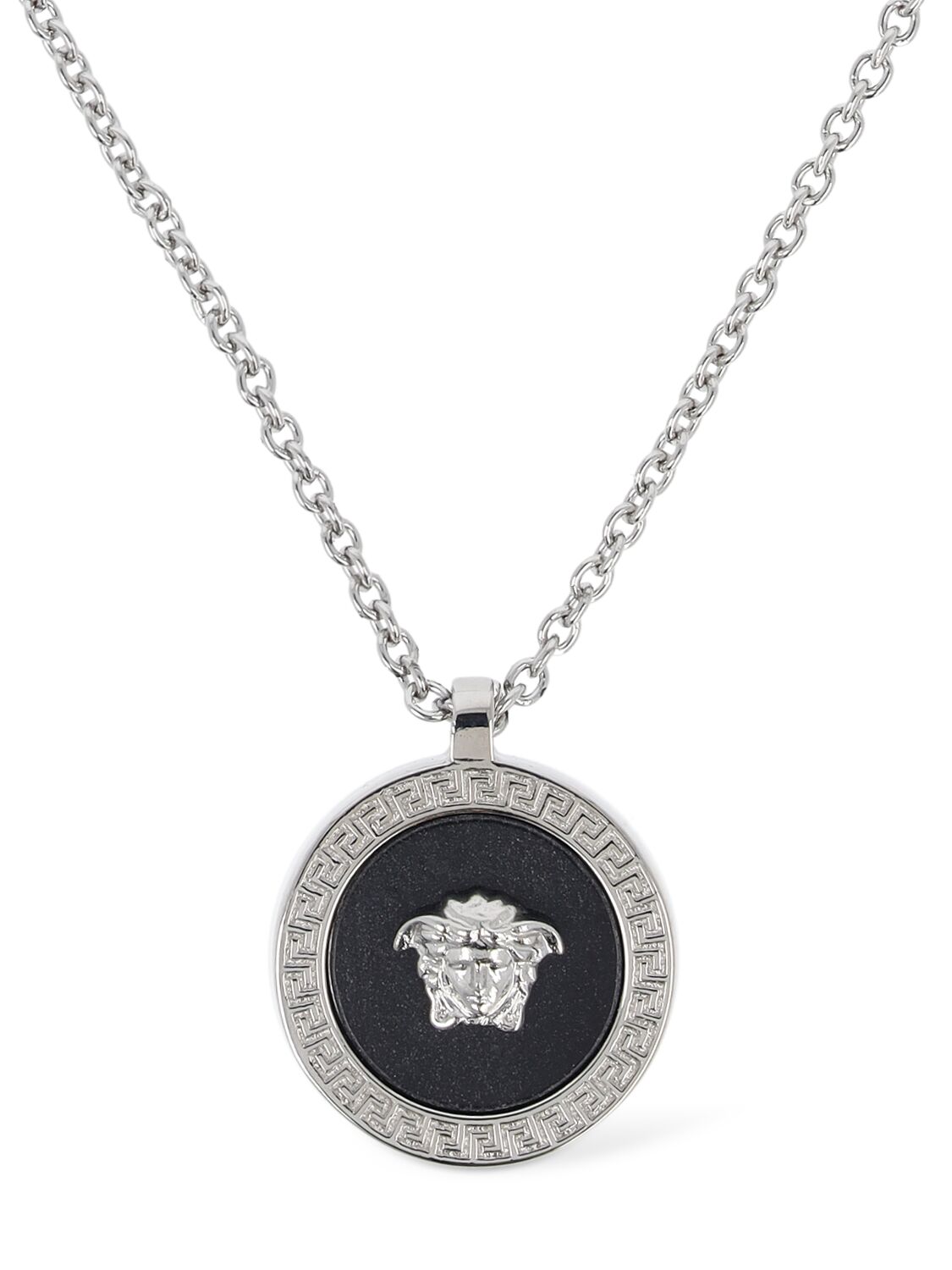 Versace Metal Necklace Logo Charm In Silver,black