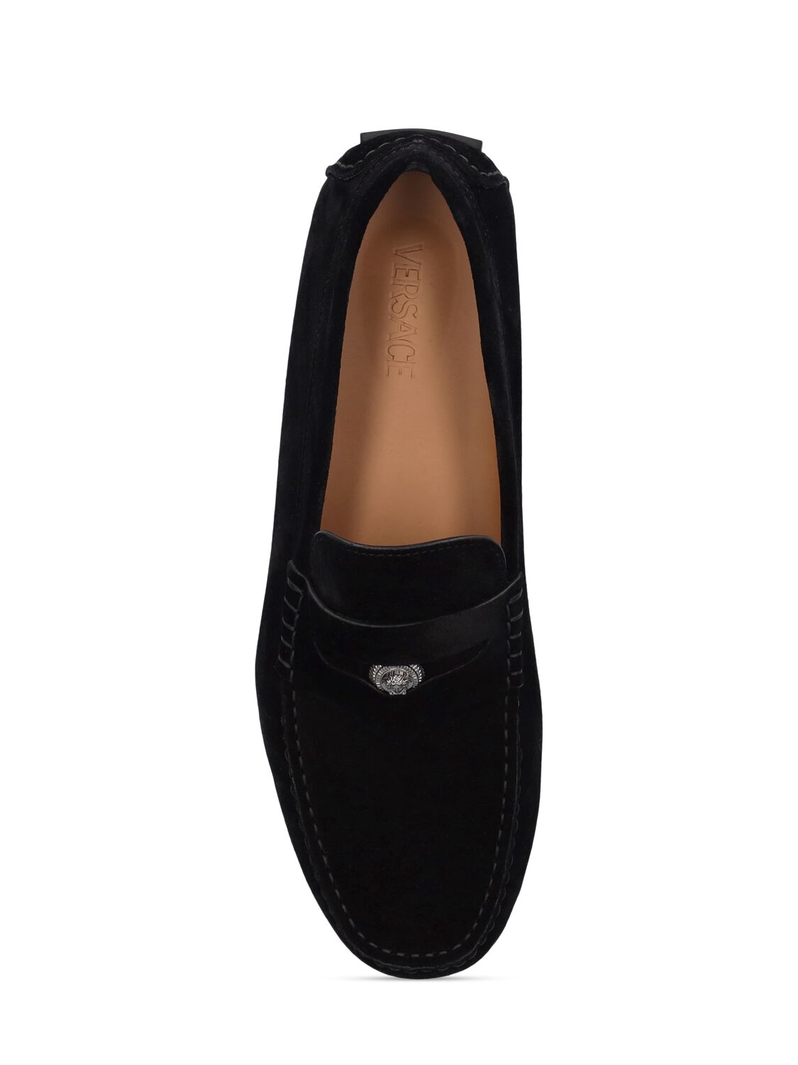 Shop Versace Driver Leather Loafers In Black,silver