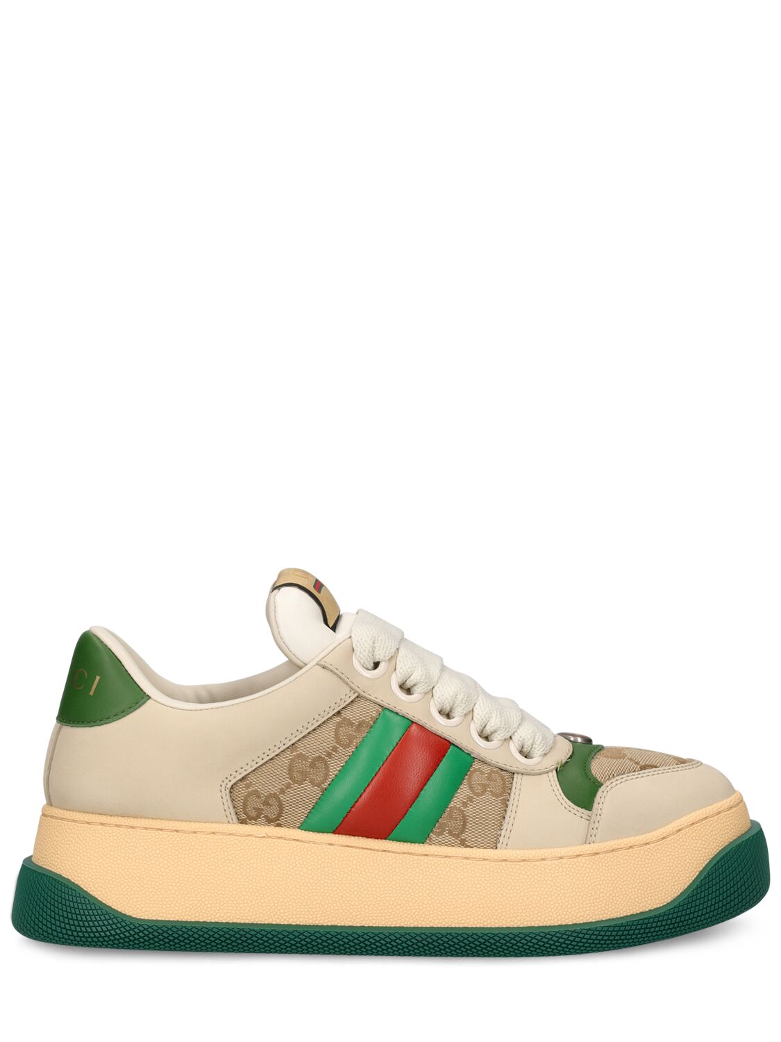 Shop Gucci 50mm Screener Leather Sneakers W/ Web In White,green