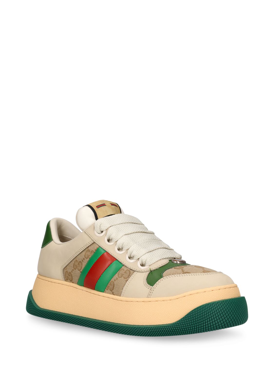 Shop Gucci 50mm Screener Leather Sneakers W/ Web In White,green