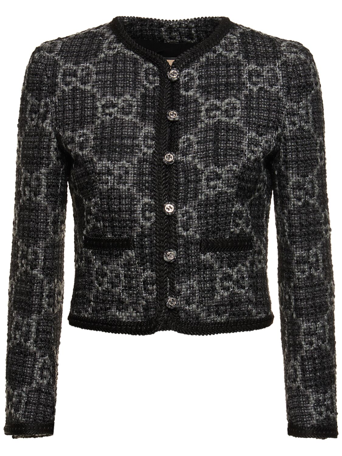Shop Gucci Gg Wool Blend Tweed Jacket In Dark Grey,black